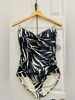 ANNE COLE Twist Front One Piece Swimsuit Palm Print Size 16
